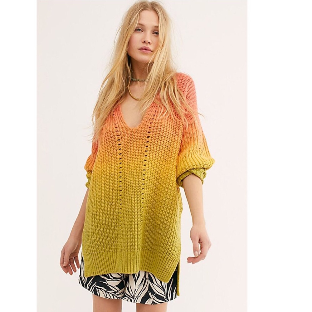 Free People Gradient Knit V-Neck Sweater - Orange and Yellow L